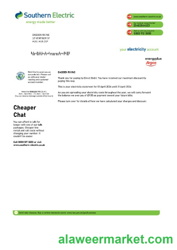 United Kingdom Southern Electric proof of address business utility bill template in Word and PDF formats